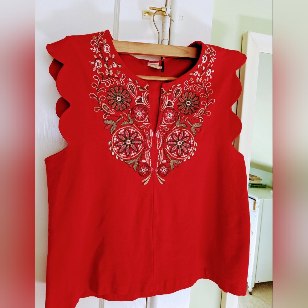 Anthropologie Red Embroidered Blouse